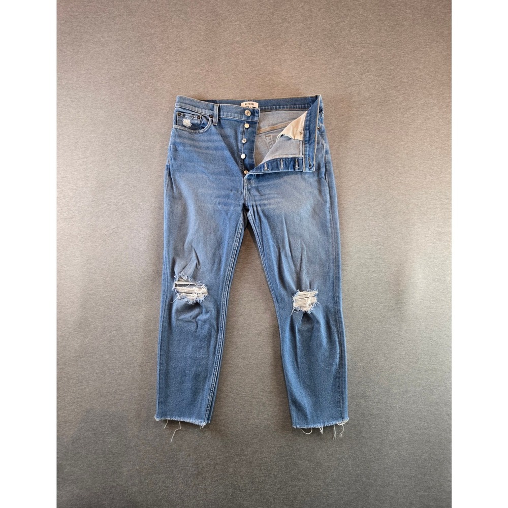 RE/DONE‎ 90s High Rise Ankle Crop Jeans Womens 32 Blue Distressed Raw Hem Denim